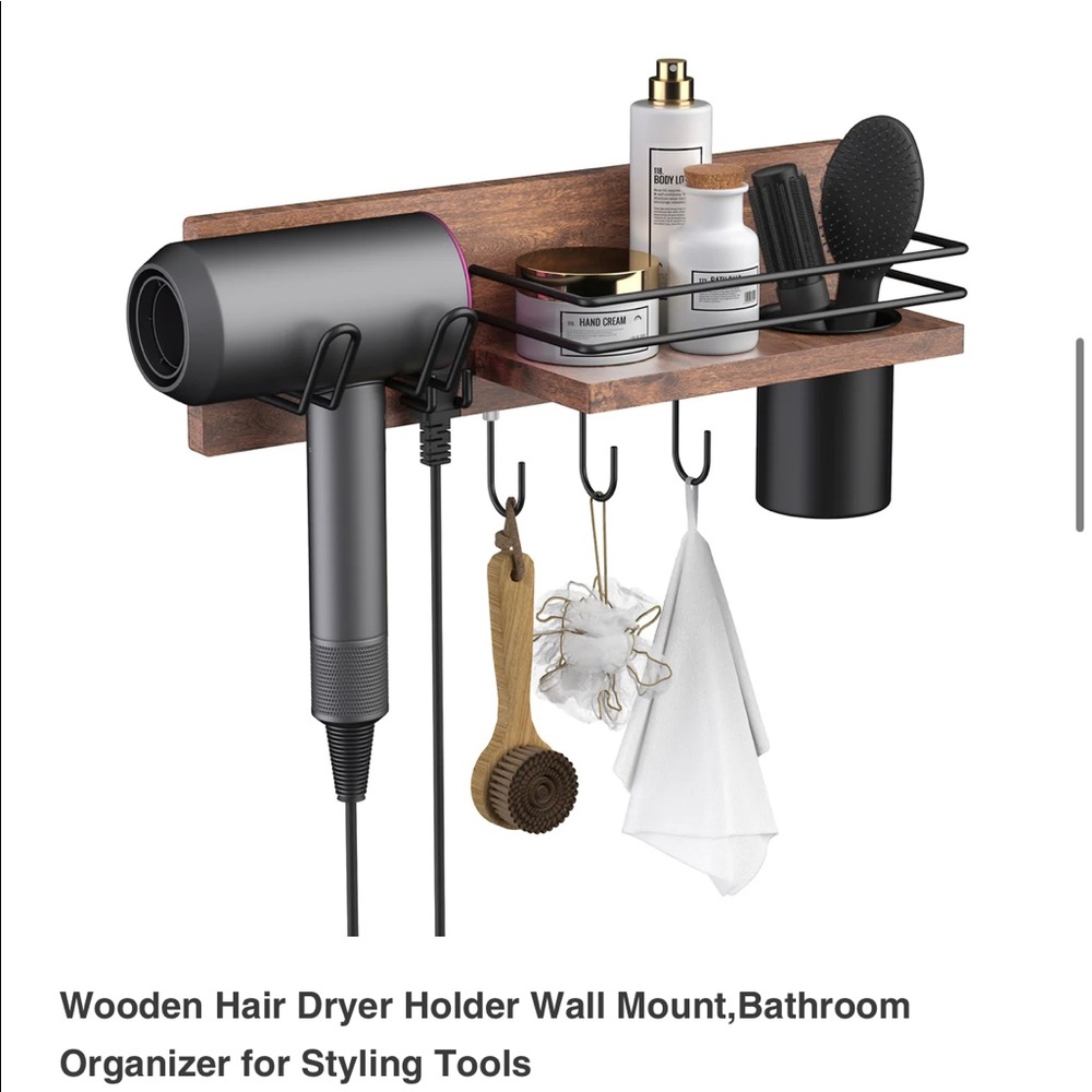 Wooden Hair Dryer Holder Wall Mount,Bathroom Organizer for Styling Tools